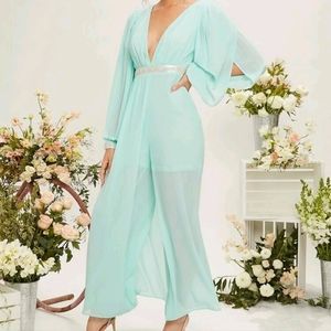 SHEIN Plunging Pearl Tape Detailed Wide Leg Jumpsuit